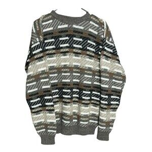 VTG Brown/Grey Striped Knit 80s/90s Earth Tone Geometric Pull Sweater Grandpa M
